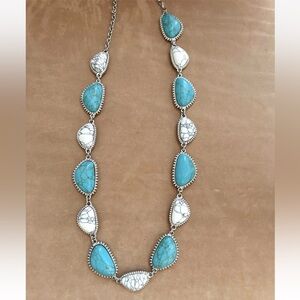 Justin Turquoise & White Toned Stone Silver Metal Chain Adjustable Necklace New!